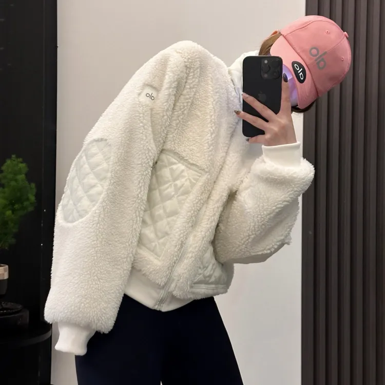 ALOuei羊羔绒外套休闲加厚保暖短款拼接立领拉链夹克女子冬季棉服