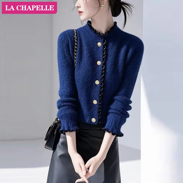 拉夏贝尔小香风木耳边毛衣女外穿2025秋季超好看洋气打底针织开衫