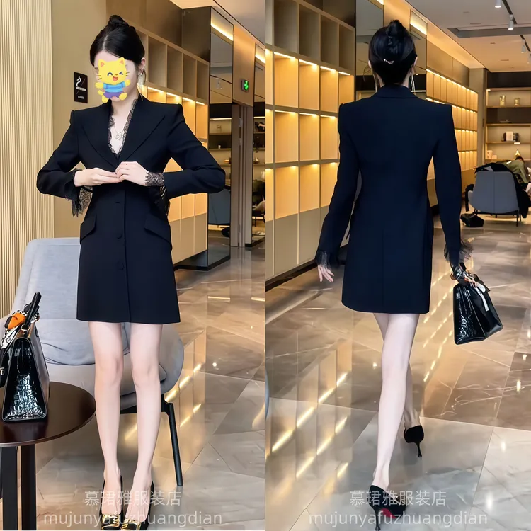 职场精致感时尚西装裙2025年秋季新款小性感蕾丝拼接中长款连衣裙