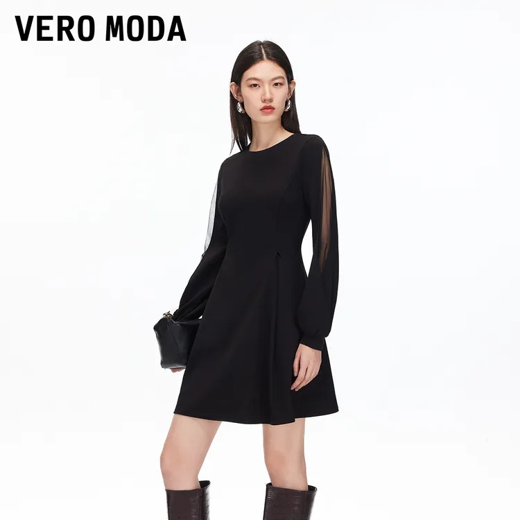 Vero Moda连衣裙【雨中曲】圆领薄纱袖A字修身流光风325361006