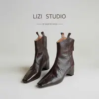 【栗子】5cm内增高抓皱短靴复古港风冬粗跟套筒尖头短靴