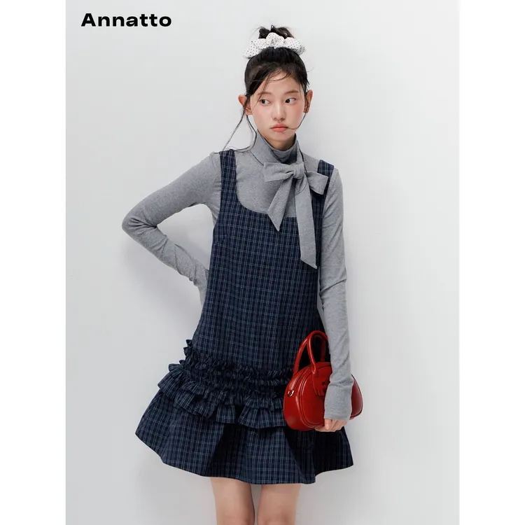 ANNATTO 深蓝色格纹花边吊带连衣裙灰色蝴蝶结长袖打底衫8346欧