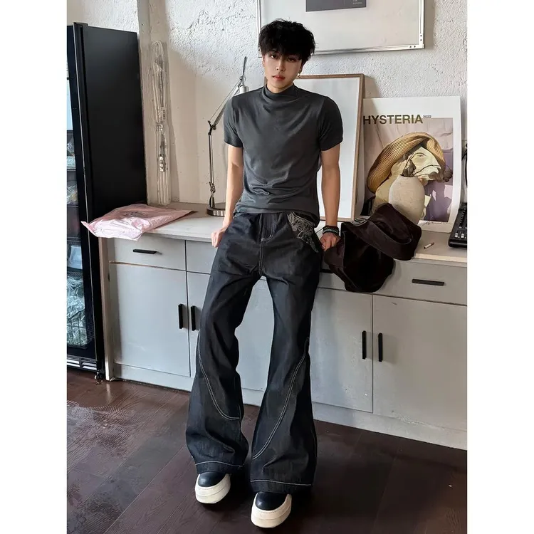 黑色提花拼接弯刀牛仔裤男款秋季痞帅高级感裤子垂感宽松微喇长裤