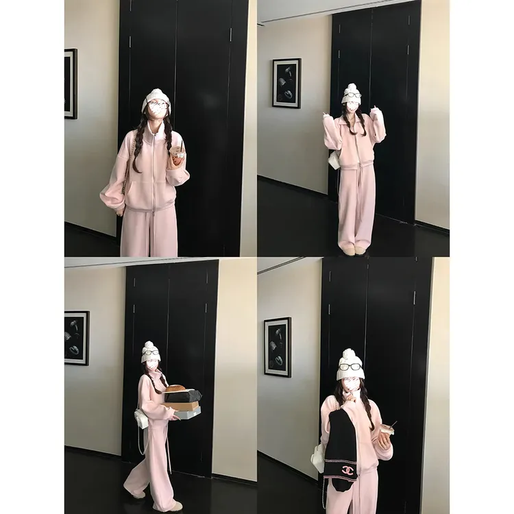 加绒加厚巨暖高街立领卫衣女外套宽松阔腿卫裤套装61338+61339