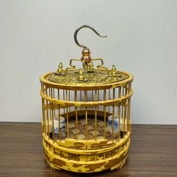 精品斑竹蝈蝈笼子尤志武师傅制作佩戴精品黄铜钩子手绘瓷碗龙站杠