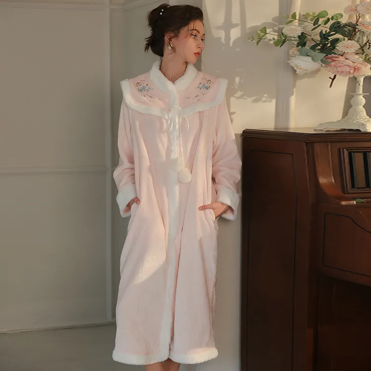 纯欲风冬季舒适丝绒甜美加厚国风翻领保暖睡裙睡袍家居套装