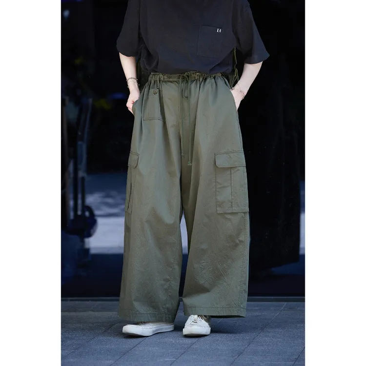 秋季新款文艺复古原创军绿色休闲长裤高密宽松柔软工装阔腿休闲裤