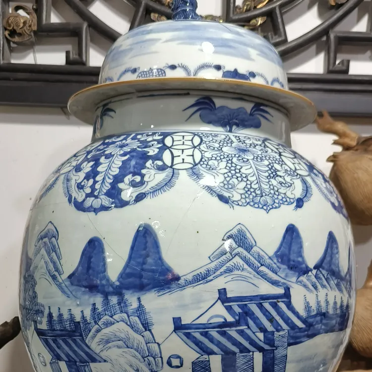 青花通景山水超大将军罐