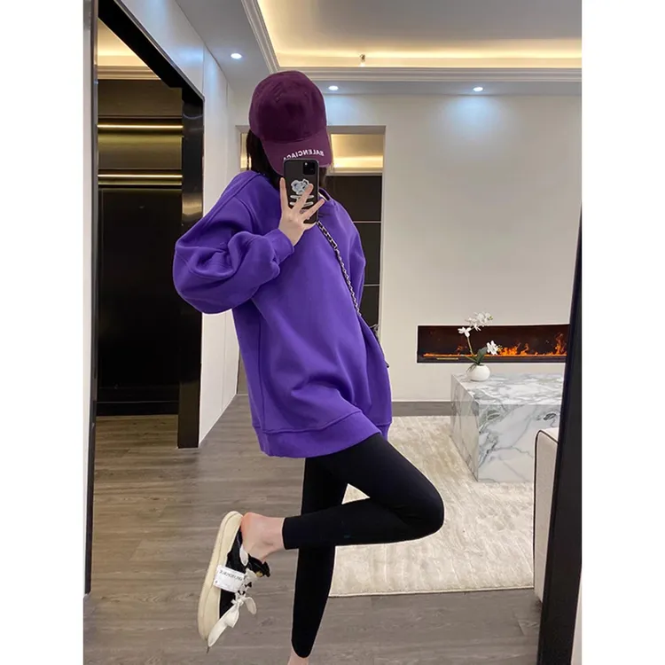 淳启紫色加绒上衣女秋冬新款爆款两杠大版宽松外套中长款oversize