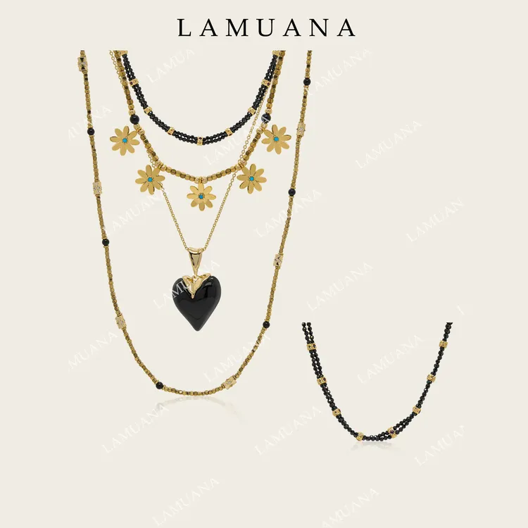 合金项链 LAMUANA黑金部落感串珠项链小众设计多层叠戴黑色系ins