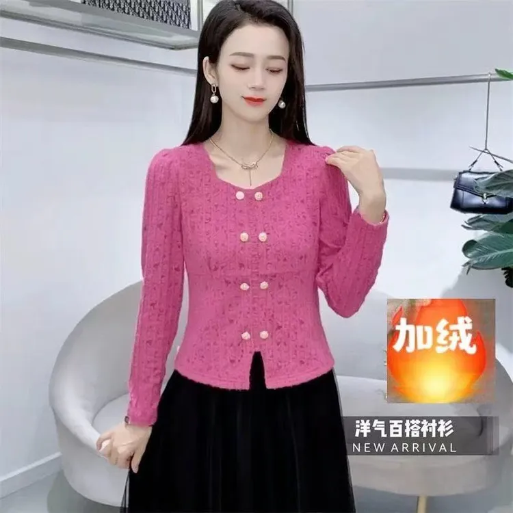 加绒加厚秋冬新款修身显瘦法式方领蕾丝打底衫衬衫长袖时尚上衣