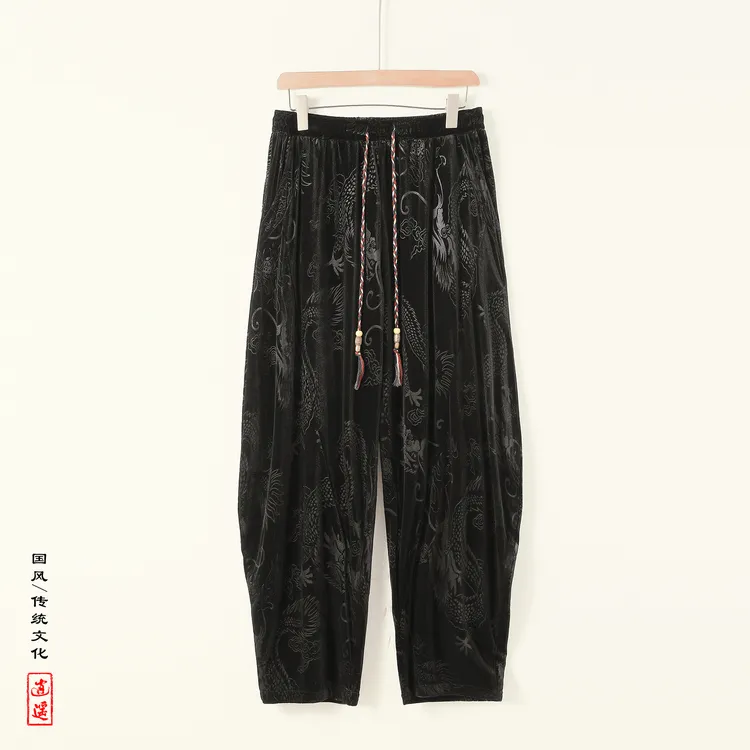 灯笼休闲裤男秋季中国风龙纹提花阔腿哈伦裤大码宽松慵懒风直筒裤