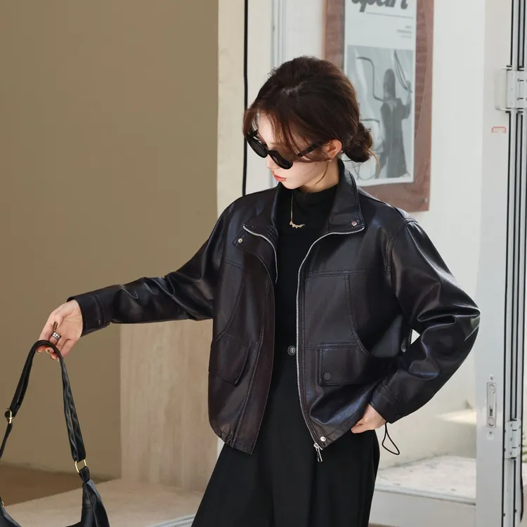 2025秋季新款复古宽松立领拉链油蜡皮外套女长袖休闲上衣