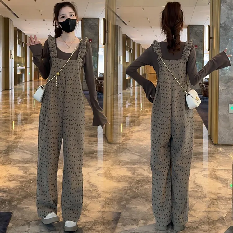 时尚背带裤套装女2025秋季新款洋气长袖打底衫连体裤阔腿裤两件套