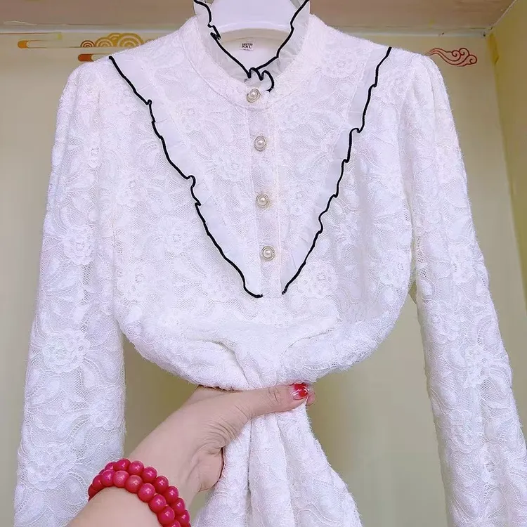 木耳花边时尚立领蕾丝打底衫长袖宽松衬衫显瘦春秋冬款蕾丝衫