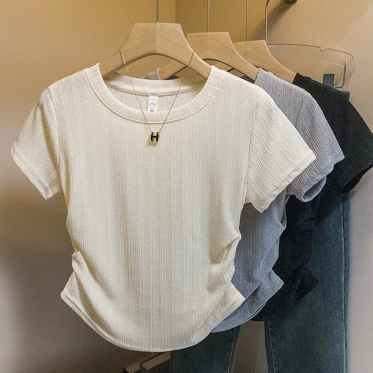 yoewshean/羽媗夏季微胖mm大码女装雪纺收腰修身显瘦短袖t恤上衣