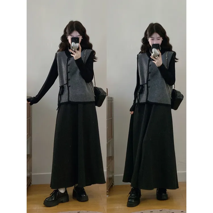 MO88ZSPF大码法式小香风针织马甲背心+长袖打底衫+半身裙三件套