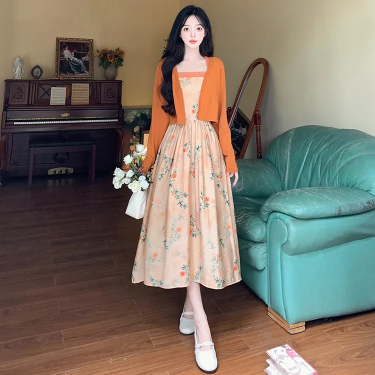 大码新中式国风碎花连衣裙女开春胖mm高级感小个子穿搭套装吊带裙