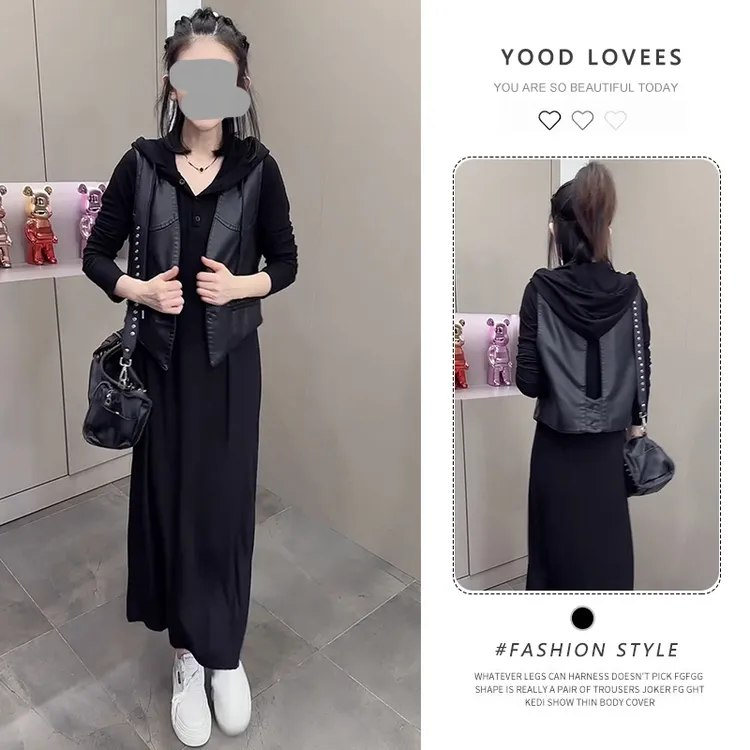 时尚套装女2025春秋新款百搭马甲连帽卫衣裙休闲减龄显瘦两件套