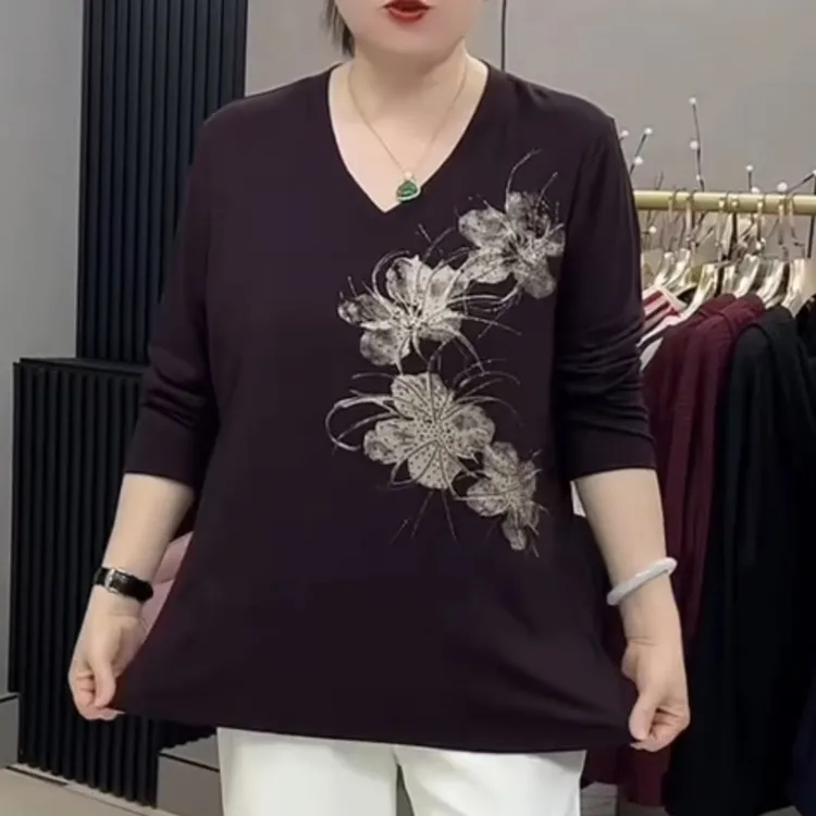 3181（梵#大码时尚百搭V领纯色百搭遮肉洋气长袖衫