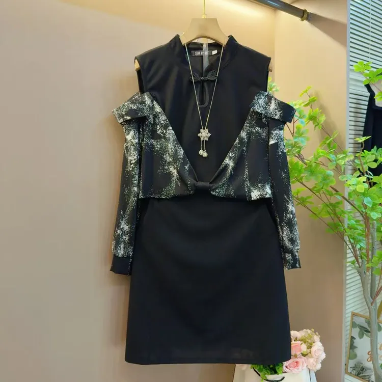 春季新款大码扎染洋气时尚国风盘扣宽松露肩假两件上衣（长88左右