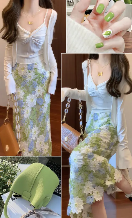 春季新款法式开衫上衣女中长款重工镂空绣花半身裙蕾丝花朵套装裙