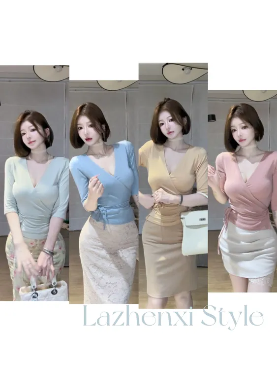 希野逸儿/性感纯欲V领交叉绑带T恤上衣修身显瘦短款薄款开衫夏女