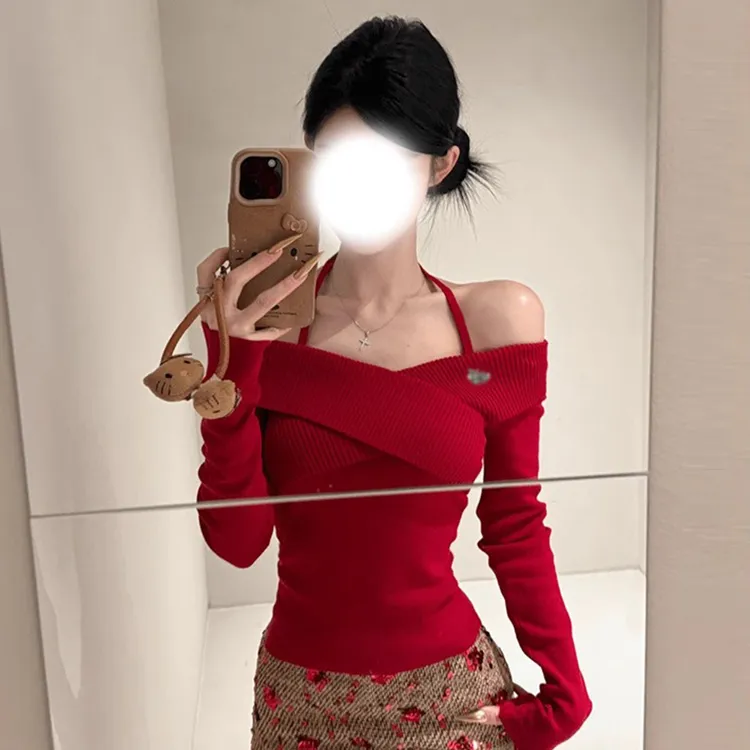 2025新款蓝色v领针织衫一字肩毛衣女早初秋内搭打底韩系短款上衣