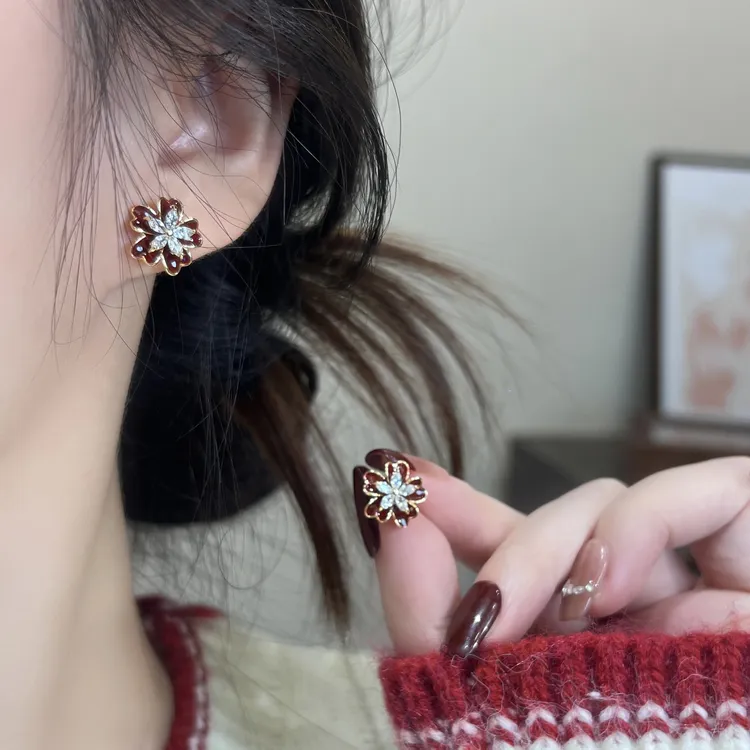 黑糖【耳饰】 复古红色花朵耳钉微镶高级轻奢百搭耳环E1867