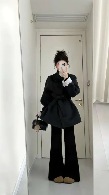 【千金晚宴】冬季高级感黑色短款毛呢外套灰色外套设计感黑长裤套装