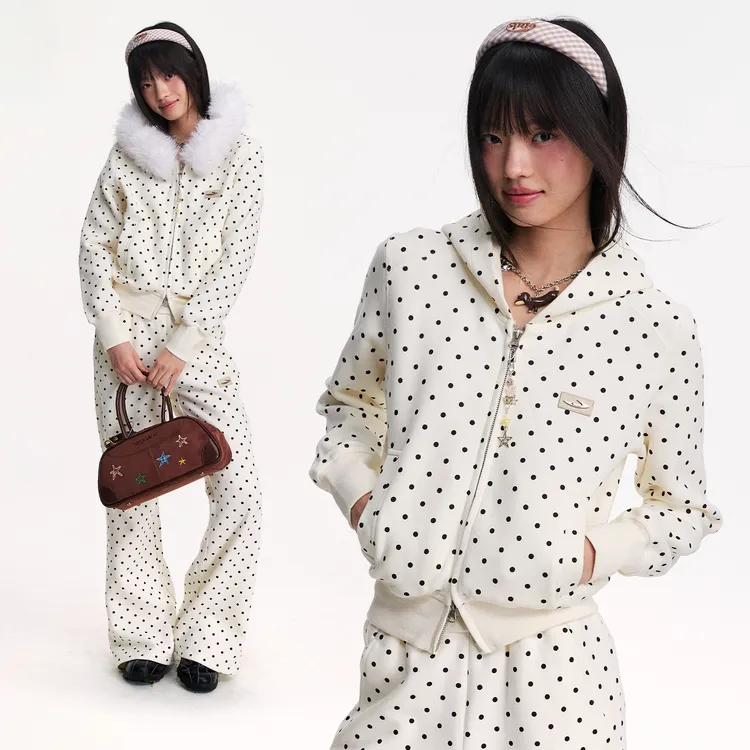 【一只璐甄选】江南先生波点可拆毛领修身开衫卫衣时尚休闲百搭外套