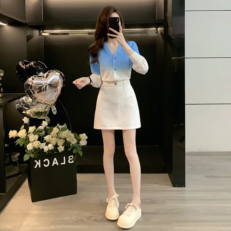 巨好看早秋韩系休闲减龄套装女春秋时尚洋气渐变开衫牛仔裙两件套