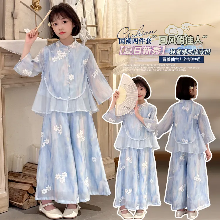 2025女童夏季新中式刺绣碎花上衣阔腿裤古风小清新套装中国风国潮