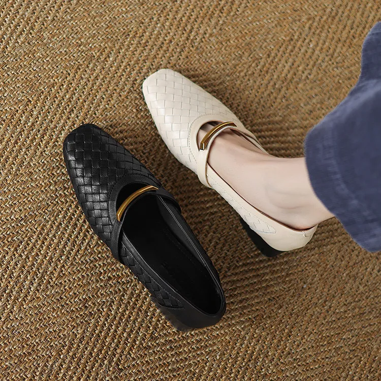 头层羊皮3cm～方头低跟舒适玛丽珍金属百搭一脚蹬浅口单鞋粗跟新款