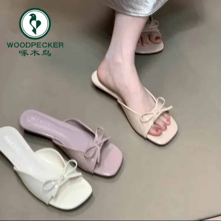 啄木鸟法式温柔蝴蝶结一字带粗跟凉拖鞋女夏季外穿露趾配裙子凉鞋