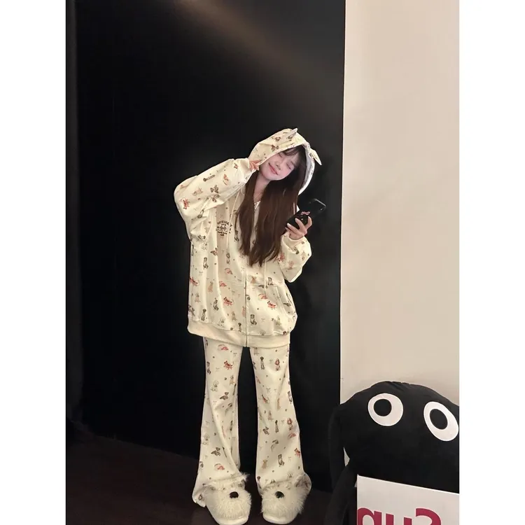 【少女风】可爱小狗印花卫衣套装秋季爆款长袖长裤睡衣可外穿家居服