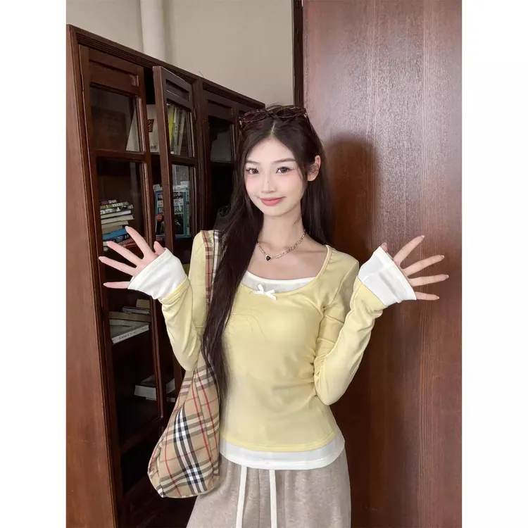 春秋款纯欲懒惰风女装长袖T恤韩版修身ins辣妹棉质设计感修身小衫