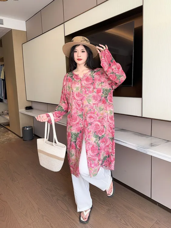时尚印花大码宽松休闲防晒棉绸衣长开衫春夏季百搭z