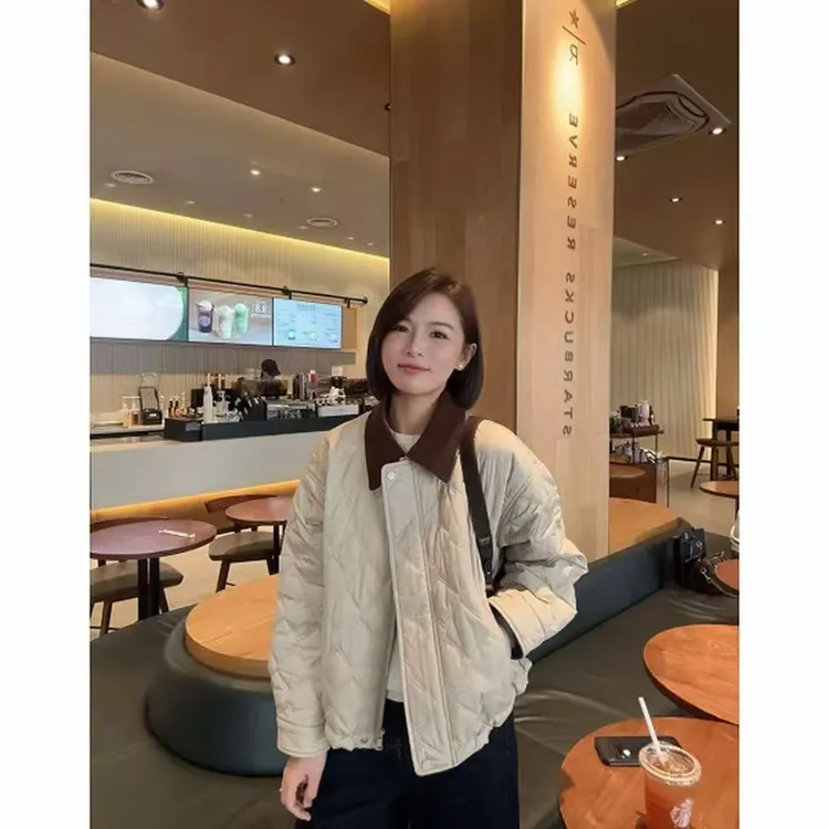 复古巴恩风  miu系小菱格灯芯绒拼接假两件翻领设计感轻便棉服女