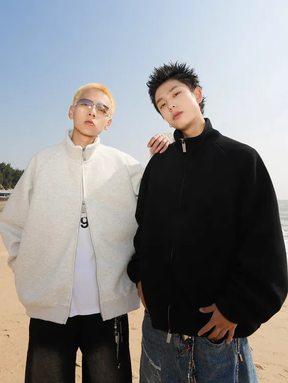 460g重磅立领开衫卫衣男春秋日系男生拉链外套宽松男款休闲夹克潮