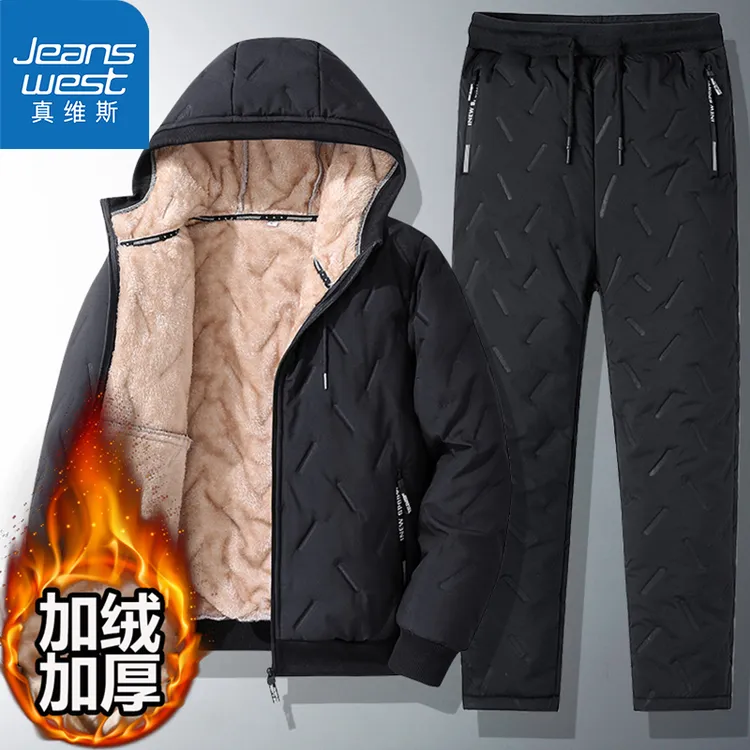 真维斯冬季外套连帽棉衣男士加绒加厚棉袄棉服棉裤套装大码