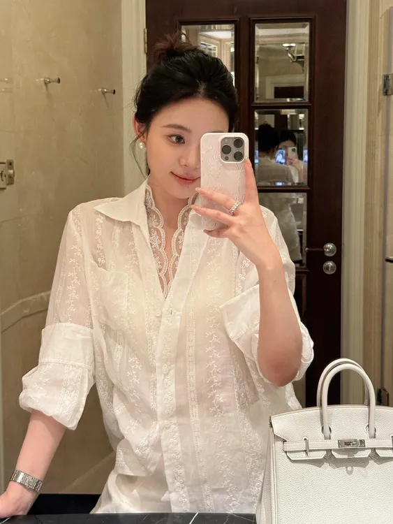 夏季薄款polo领纯色蕾丝花边衬衫2025夏季薄款微透防晒衬衫