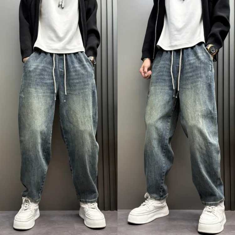 2025秋冬新款水洗牛仔裤子潮流时尚阔腿痞帅哈伦裤抽绳宽痞帅抽绳