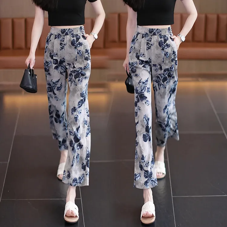冰丝阔腿裤女夏季薄款新小个子垂感休闲印花九分窄版直筒裤22567