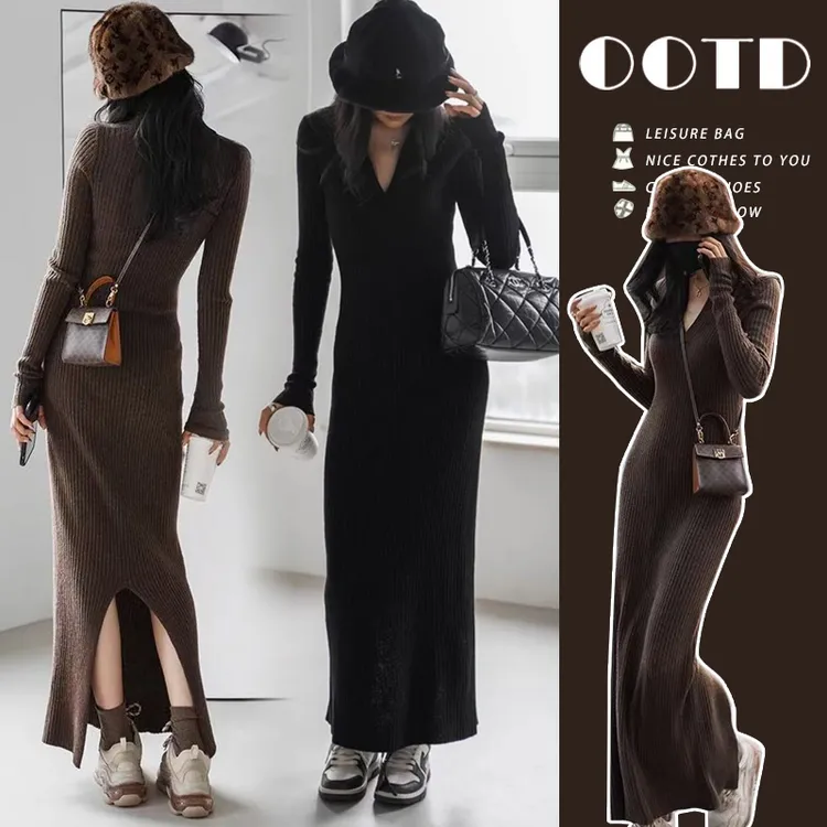 孕妇装春秋季新款连衣裙气质百搭修身开叉polo领针织打底孕妇裙