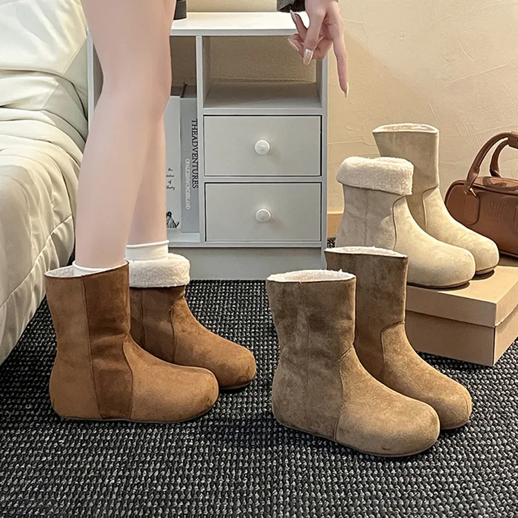 OJRZ复古绒面圆头内增高中筒靴女2025冬季新款短筒雪地靴时装靴女