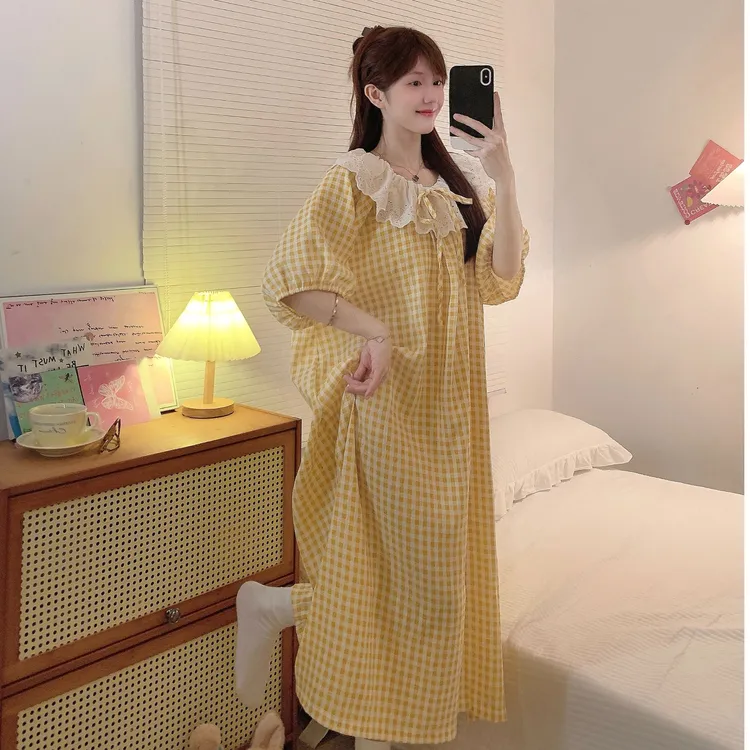 夏季睡裙短袖娃娃领长袖格子花边连衣裙家居服透气甜美长款