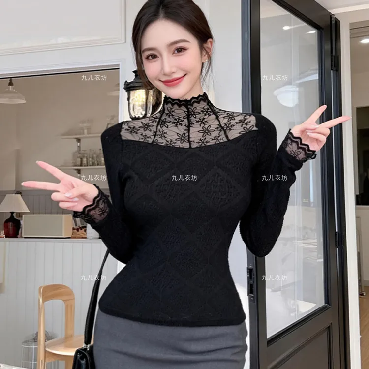 2025新款秋冬法式洋气百搭长袖加绒T恤蕾丝打底衫半高领1107