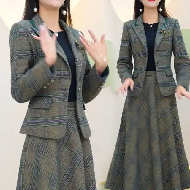 时尚套装女2025春秋季时尚新款格纹小西装半身裙气质显瘦两件套