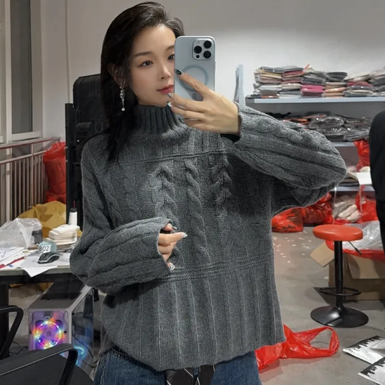 【100%山羊绒 25829】2025秋冬新款烟囱领纯色重磅加厚纯欲风套头